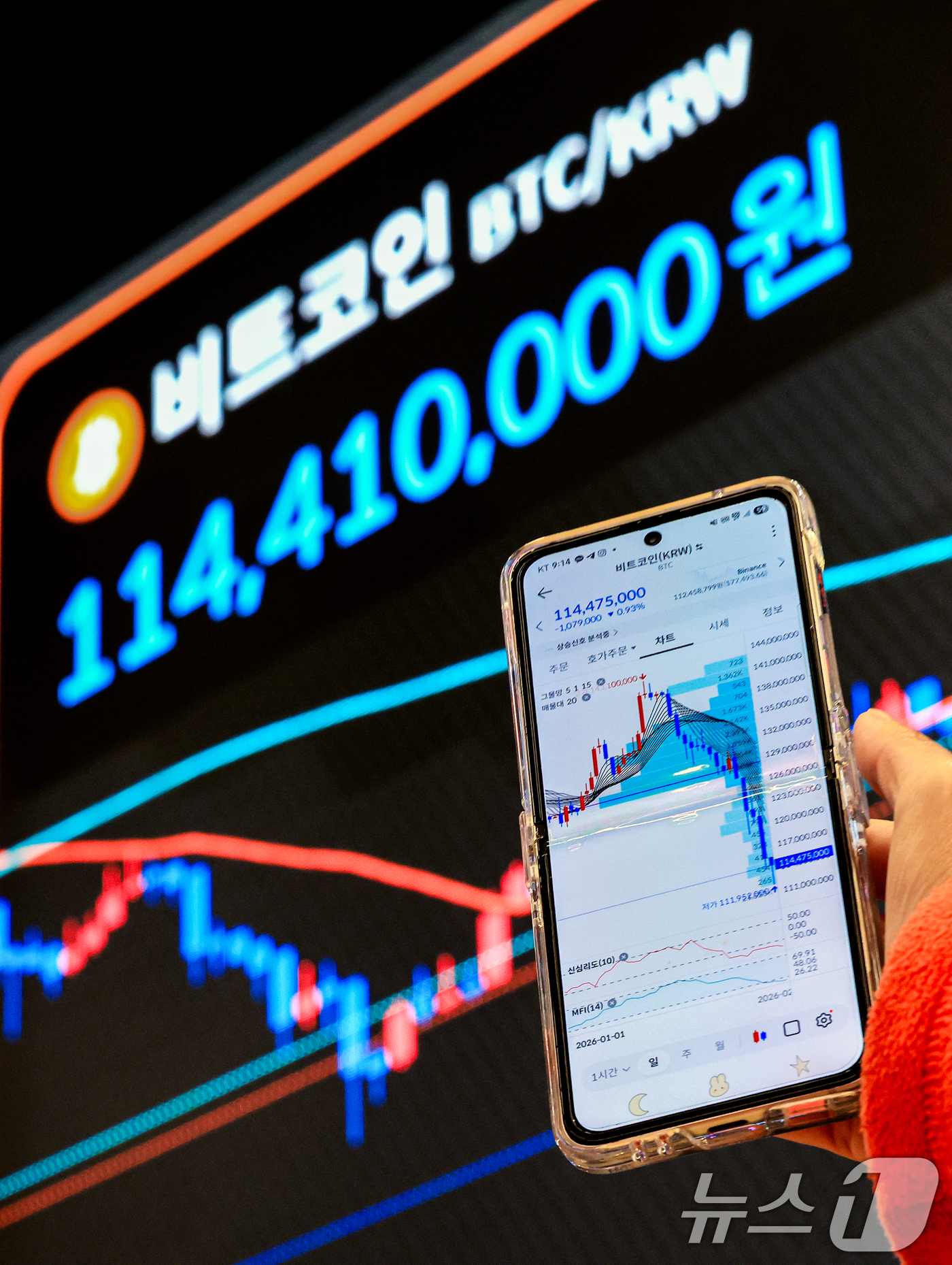 (서울=뉴스1) 이호윤 기자 = 비트코인이 7만달러대로 급락한 2일 서울 서초구 빗썸라운지 강남본점 현황판에 비트코인 등 가상화폐 거래 가격이 표시되고 있다. 2026.2.2/뉴스 …