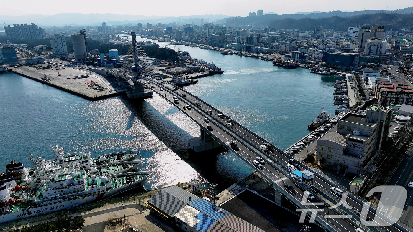 (포항=뉴스1) 최창호 기자 = 2일 오후 경북  포항시 송도동(송도해수욕장)과 북구 항구동(영일대해수욕장)을 연결하는 해오름대교가 개통되자 차량들이 줄지어 이동하고 있다. 202 …