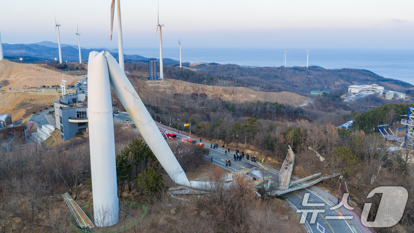(영덕=뉴스1) 최창호 기자 = 2일 오후 영덕군 영덕읍 창포풍력발전단지에 있던 풍력발전기가 도로에 쓰러져 있다.영덕군과 소방당국은 풍력단지로 연결되는 도로를 차단했으며 인명 피해 …