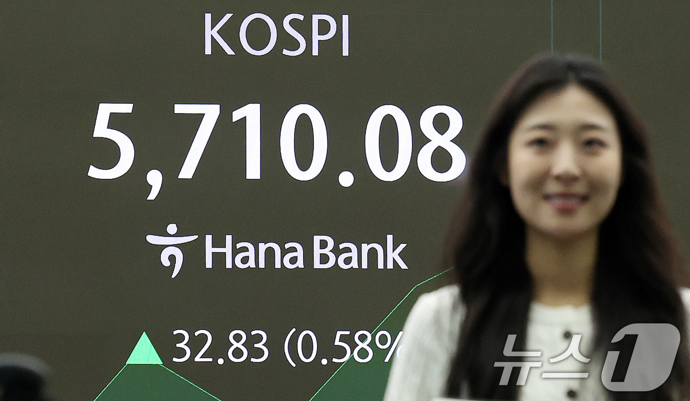 (서울=뉴스1) 박지혜 기자 = 코스피가 장중 사상 첫 5700선을 돌파한 20일 오전 서울 중구 하나은행 딜링룸 현황판에 코스피 시황이 나타나고 있다. 2026.2.20/뉴스1