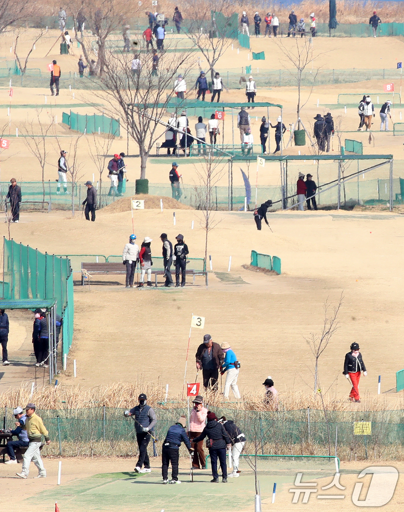 (부산=뉴스1) 윤일지 기자 = 포근한 날씨를 보인 20일 부산 강서구 대저생태공원 파크골프장을 찾은 시민들이 파크골프를 즐기고 있다.  2026.2.20/뉴스1