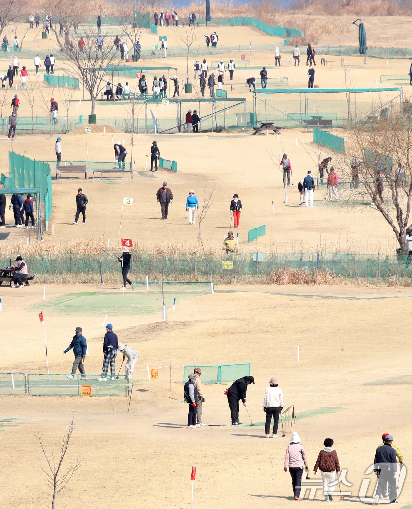 (부산=뉴스1) 윤일지 기자 = 포근한 날씨를 보인 20일 부산 강서구 대저생태공원 파크골프장을 찾은 시민들이 파크골프를 즐기고 있다.  2026.2.20/뉴스1