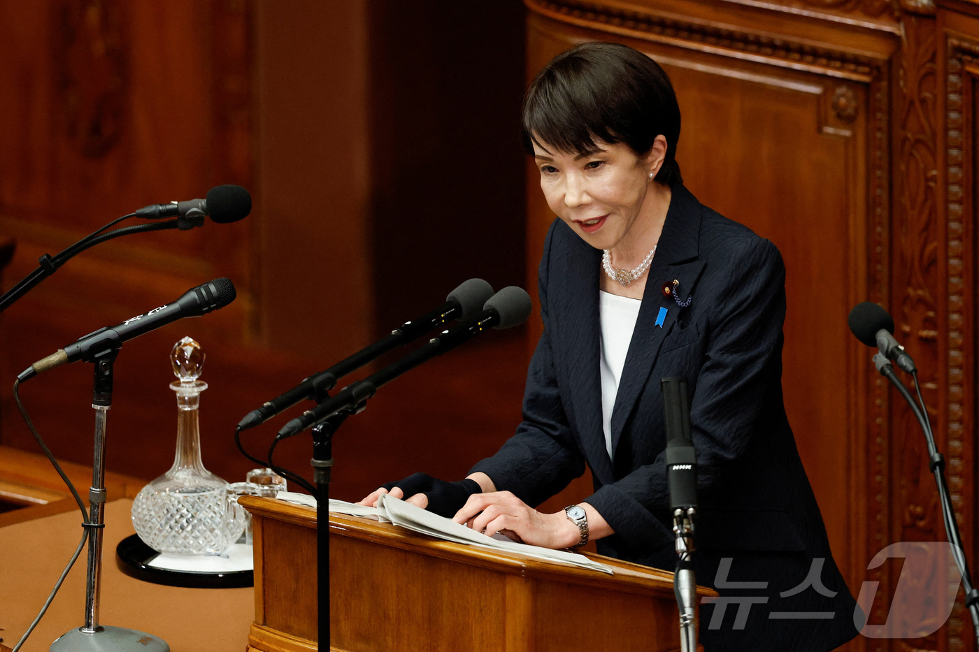 (도쿄 로이터=뉴스1) 김지완 기자 = 20일 다카이치 사나에 일본 총리가 도쿄 국회의사당에서 시정방침연설을 하고 있다. 2026.02.20ⓒ 로이터=뉴스1