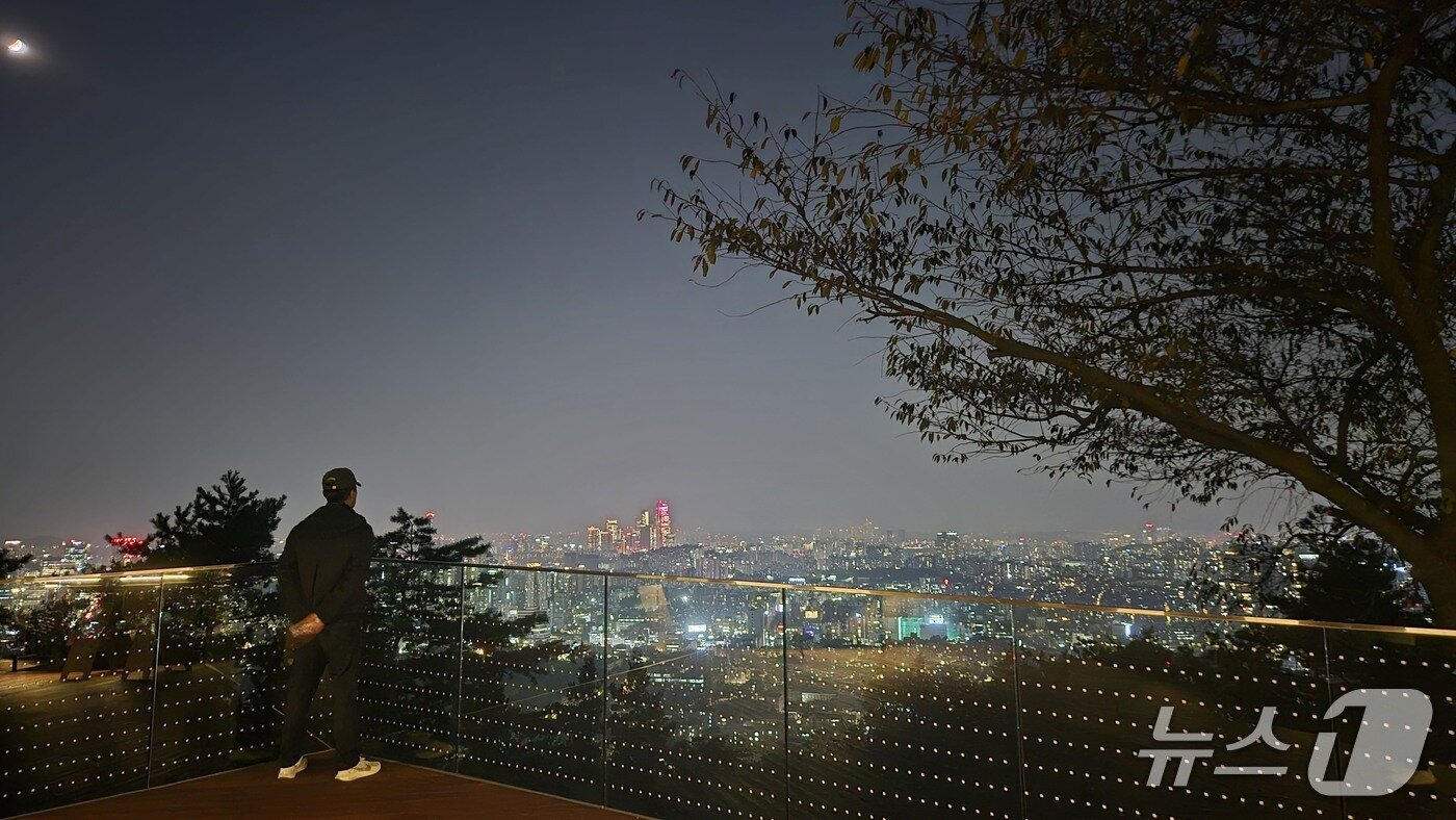 본문 이미지 - 오세훈 서울시장이 지난 10월 개장한 남산 남측순환로 노을전망대에서 서울 도심의 야경을 바라보고 있다.