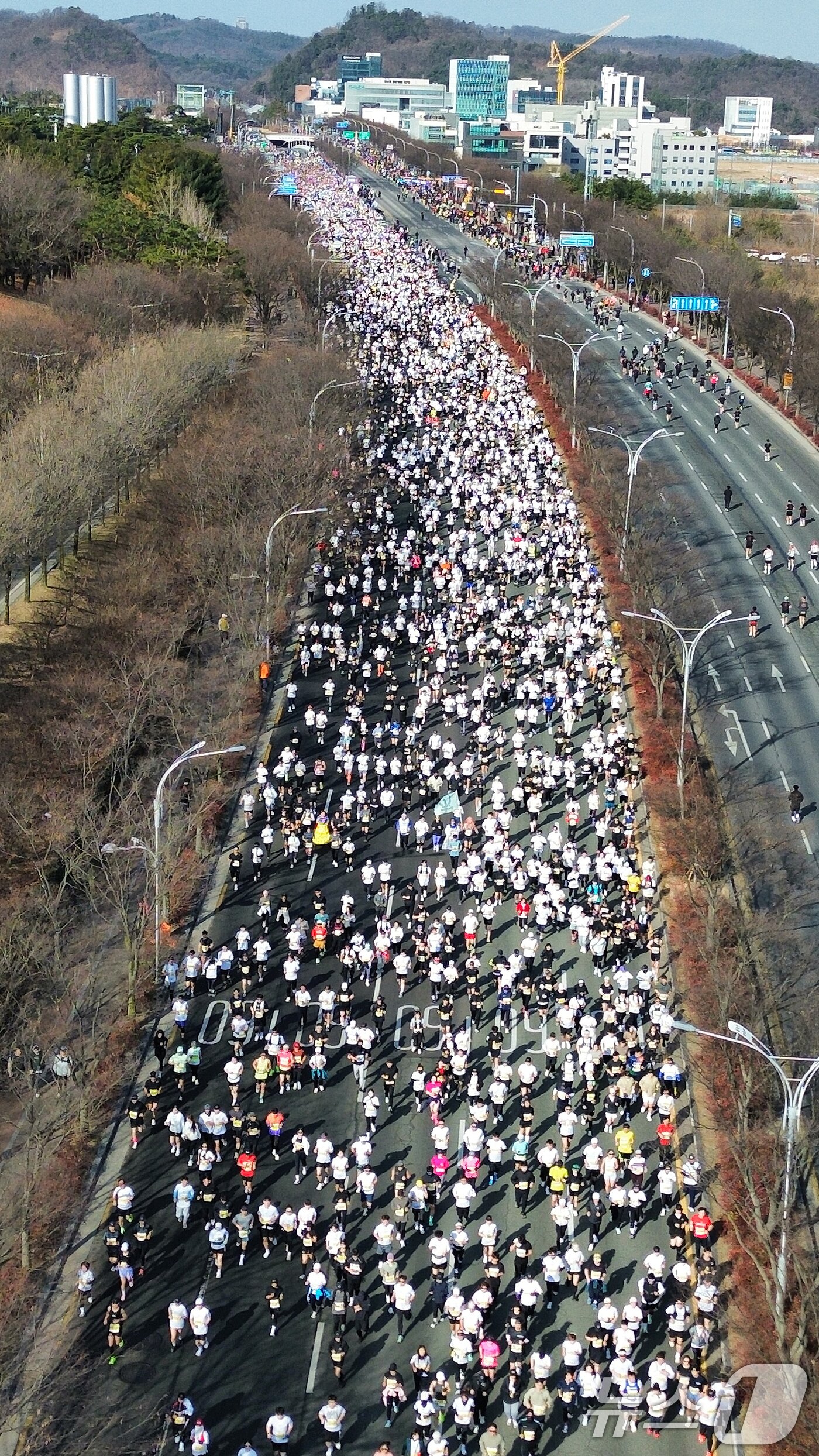 본문 이미지 - 22일 오전 대구 수성구 대구스타디움 앞에서 열린 '2026 대구마라톤대회' 참가자들이 힘차게 달리고 있다. 이번 대회에는 국내외 마라토너 4만여 명이 참가해 국내 최대 규모로 치러진다. 2026.2.22 ⓒ 뉴스1 공정식 기자
