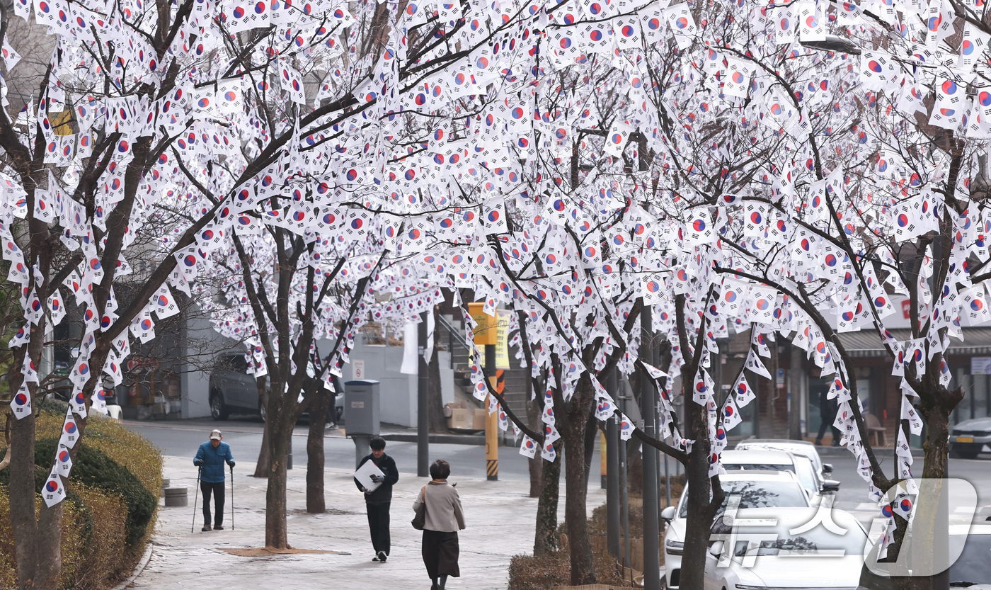 (서울=뉴스1) 최지환 기자 = 3·1절을 앞둔 22일 서울 용산구 효창공원에 조성된 '태극기 트리'에 게양된 태극기가 휘날리고 있다. 2026.2.22/뉴스1