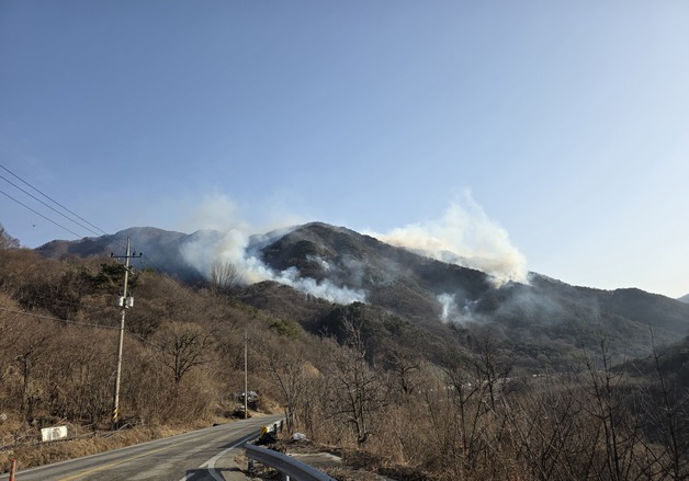 함양 산불 17시간째…진화율 66%, 강풍·급경사지로 난항