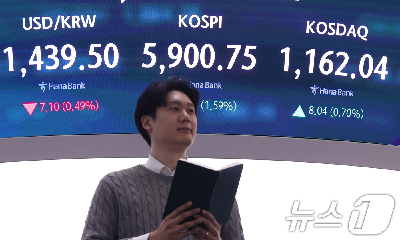 (서울=뉴스1) 최지환 기자 = 코스피가 상승 출발한 23일 서울 중구 하나은행 본점 딜링룸 전광판에 증시 시황이 표시되어 있다. 2026.2.23/뉴스1