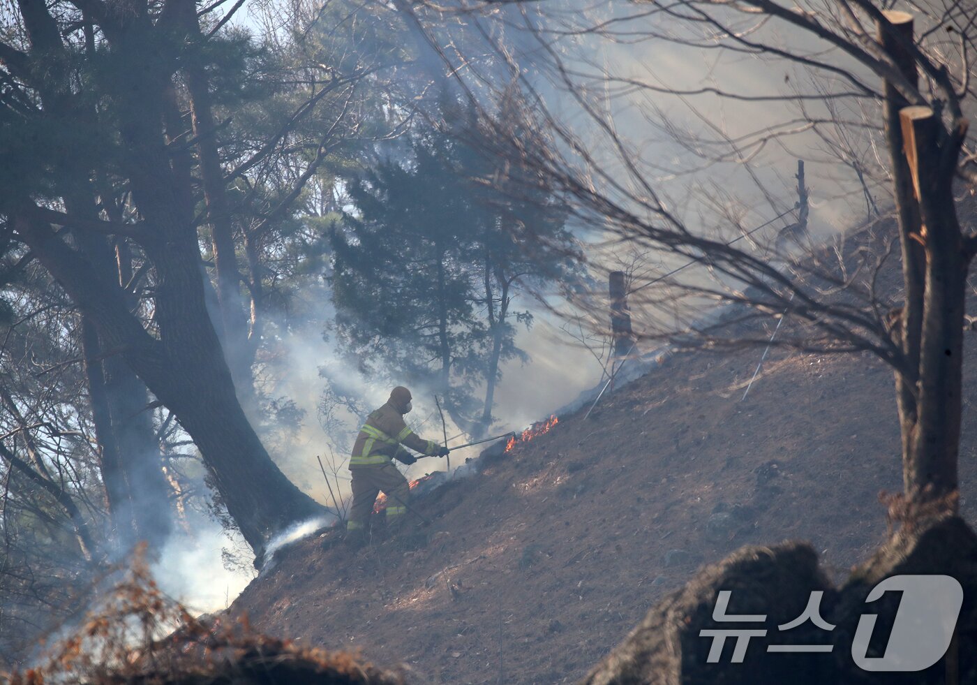본문 이미지 - 경남 함양 산불 사흘째인 23일 오전 함양군 마천면 산불 현장에서 소방대원이 방화선을 구축하며 진화 작업을 벌이고 있다. 2026.2.23 ⓒ 뉴스1 윤일지 기자