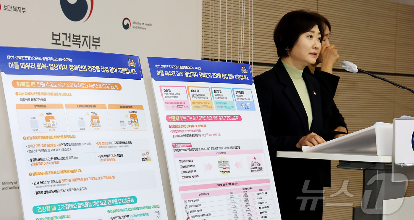 (세종=뉴스1) 김기남 기자 = 이스란 보건복지부 제1차관이 23일 세종시 정부세종청사에서  제1차 장애인 건강보건관리 종합계획을 발표하고 있다.보건복지부는 장애인 누구나 건강하고 …