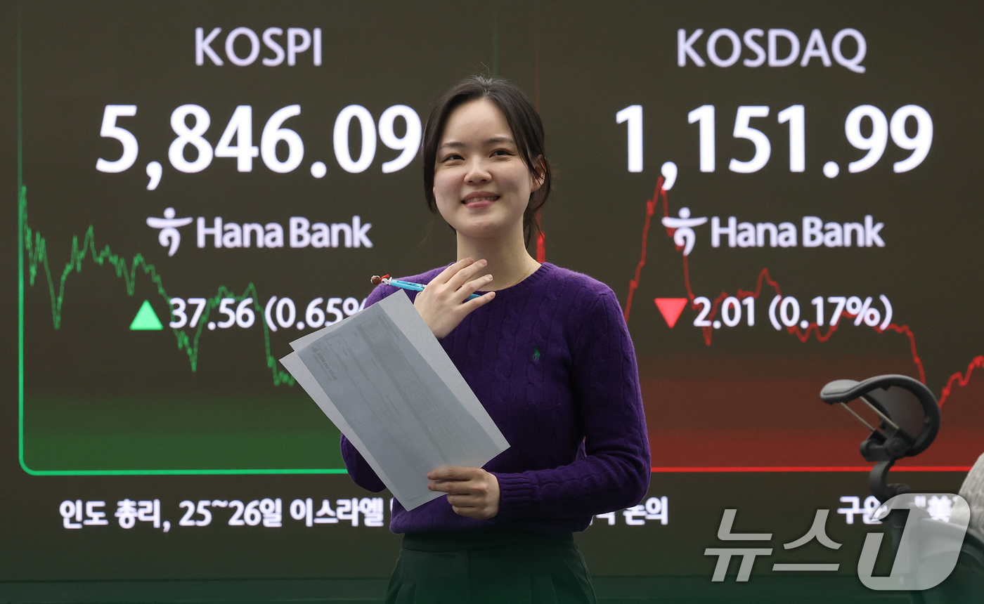 (서울=뉴스1) 오대일 기자 = 코스피 지수가 종가 기준 사상 최고치를 경신한 23일 오후 서울 중구 하나은행 본점 딜링룸 전광판에 코스피 종가가 표시되고 있다. 이날 코스피는 전 …