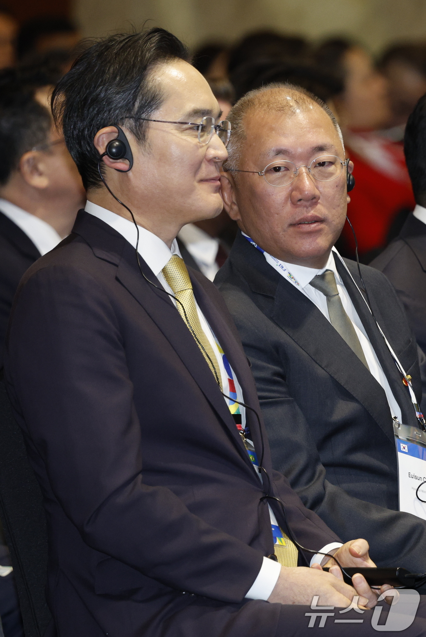 (서울=뉴스1) 안은나 기자 = 이재용 삼성전자 회장과 정의선 현대차그룹 회장이 23일 오후 서울 중구 롯데호텔에서 열린 한-브라질 비지니스 포럼에 참석하고 있다. 2026.2.2 …