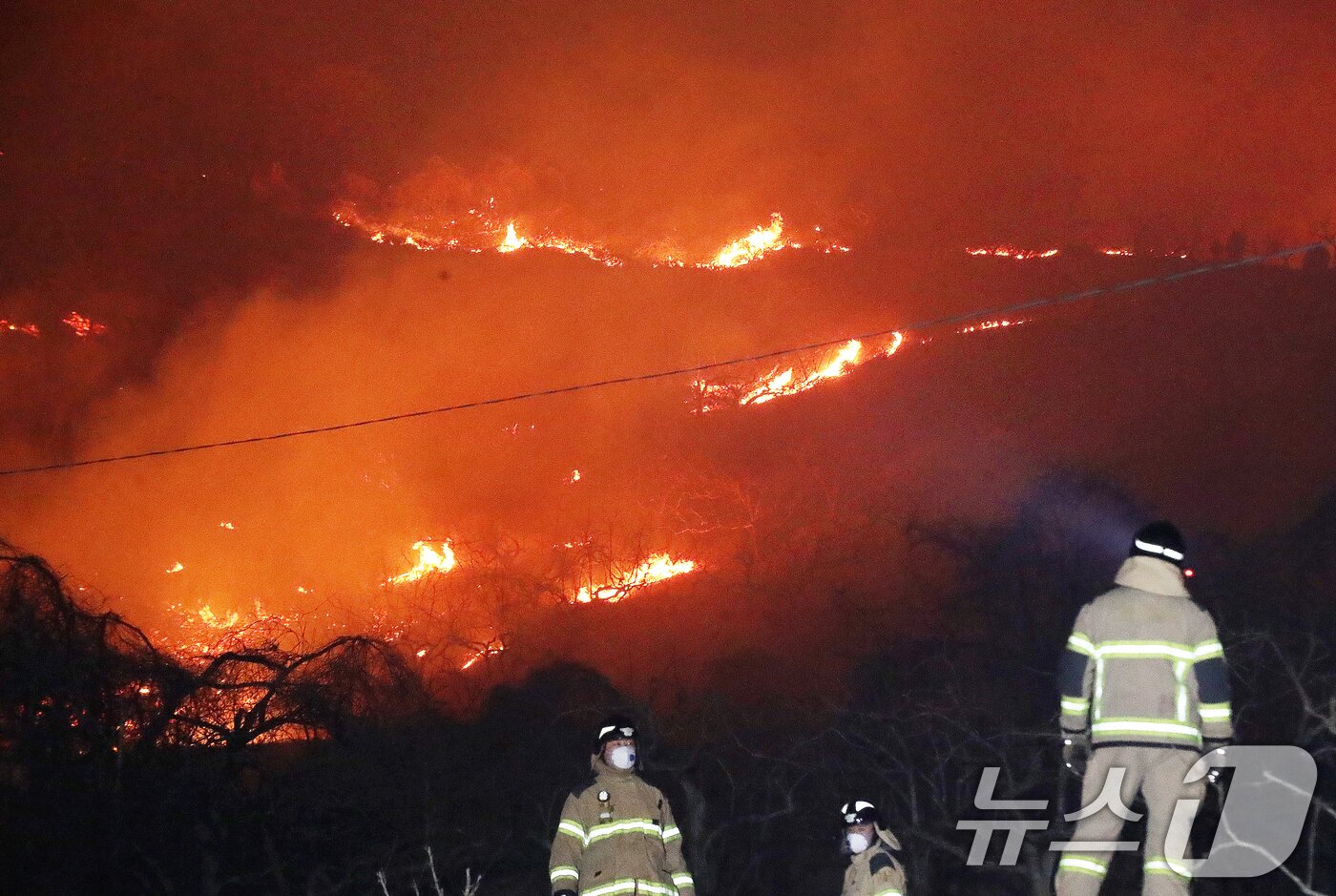 본문 이미지 - 23일 오후 경남 밀양 삼랑진읍 검세리 한 야산에서 발생한 산불이 강풍에 확산되고 있다. 2026.2.23 ⓒ 뉴스1 윤일지 기자