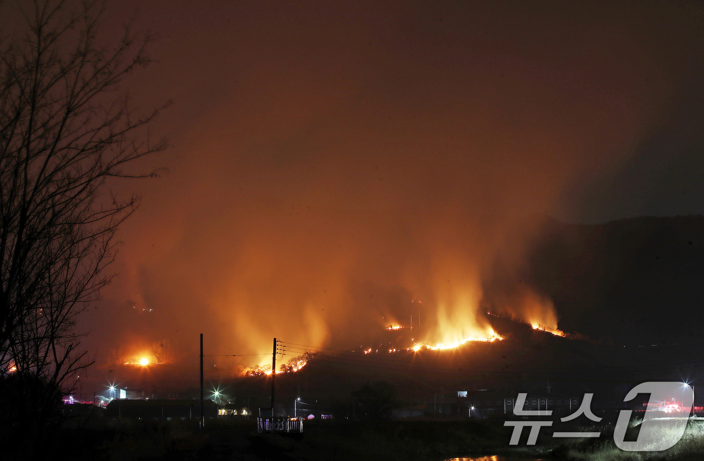 (밀양=뉴스1) 윤일지 기자 = 23일 오후 경남 밀양 삼랑진읍 검세리 한 야산에서 발생한 산불이 강풍에 확산되고 있다.  2026.2.23/뉴스1