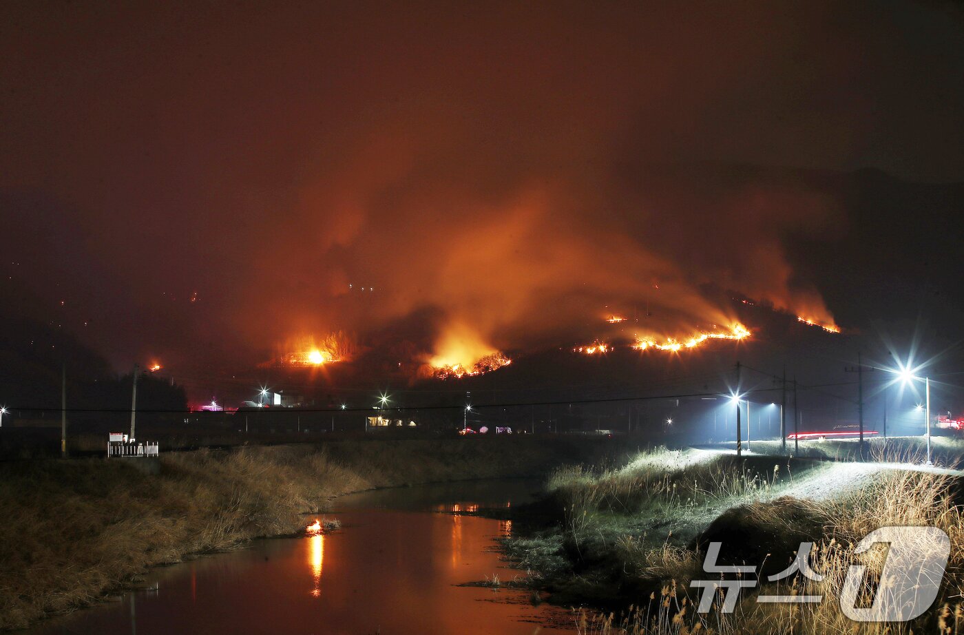 본문 이미지 - 23일 오후 경남 밀양 삼랑진읍 검세리 한 야산에서 발생한 산불이 강풍에 확산되고 있다. 2026.2.23 ⓒ 뉴스1 윤일지 기자