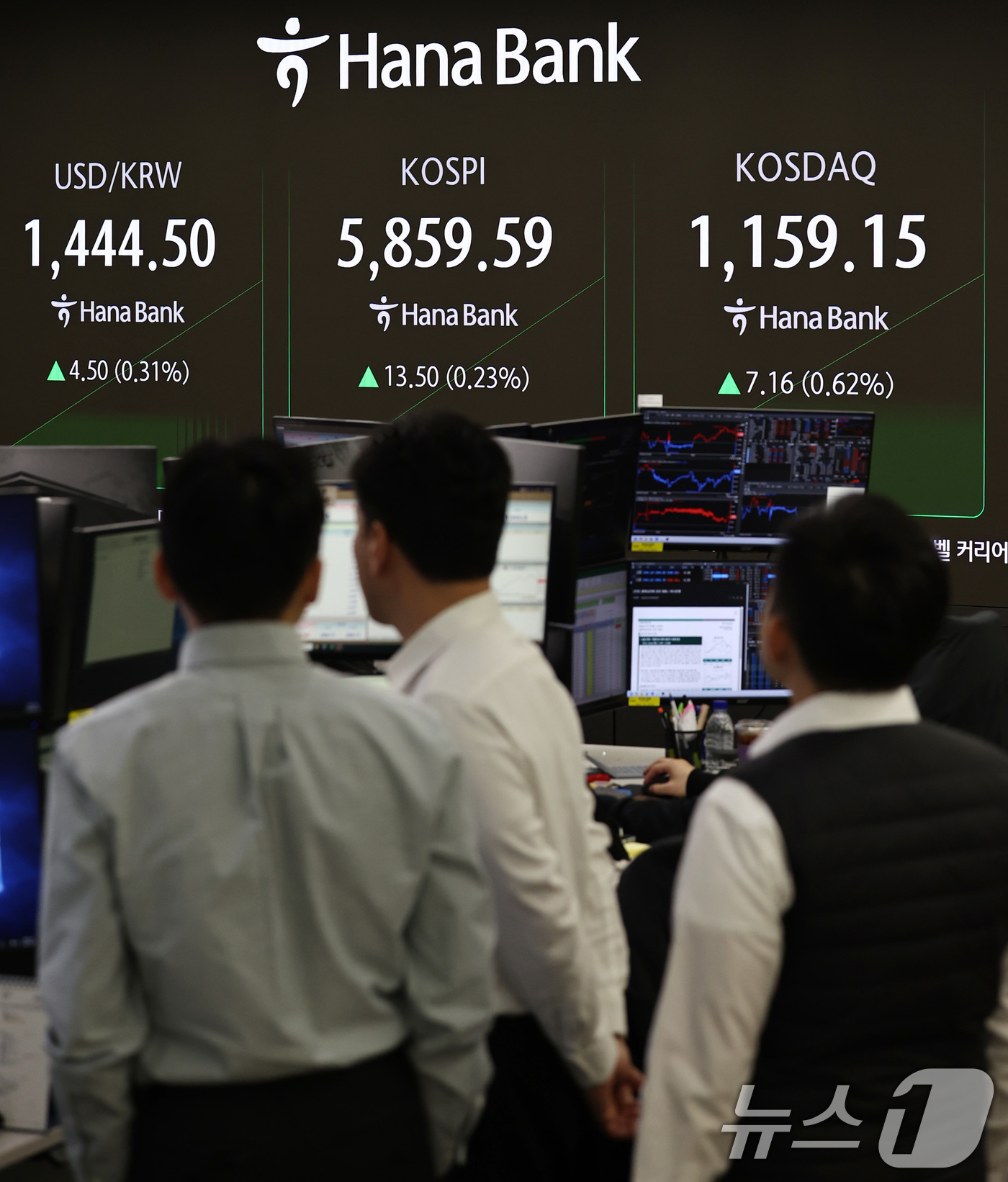 (서울=뉴스1) 구윤성 기자 = 코스피가 상승 출발한 24일 서울 중구 하나은행 본점 딜링룸 전광판에 증시 시황이 표시되고 있다. 2026.2.24/뉴스1