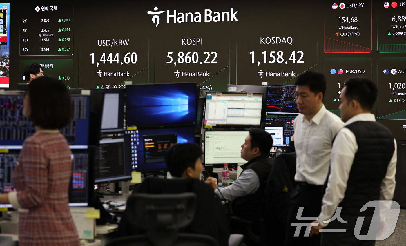 (서울=뉴스1) 구윤성 기자 = 코스피가 상승 출발한 24일 서울 중구 하나은행 본점 딜링룸 전광판에 증시 시황이 표시되고 있다. 2026.2.24/뉴스1