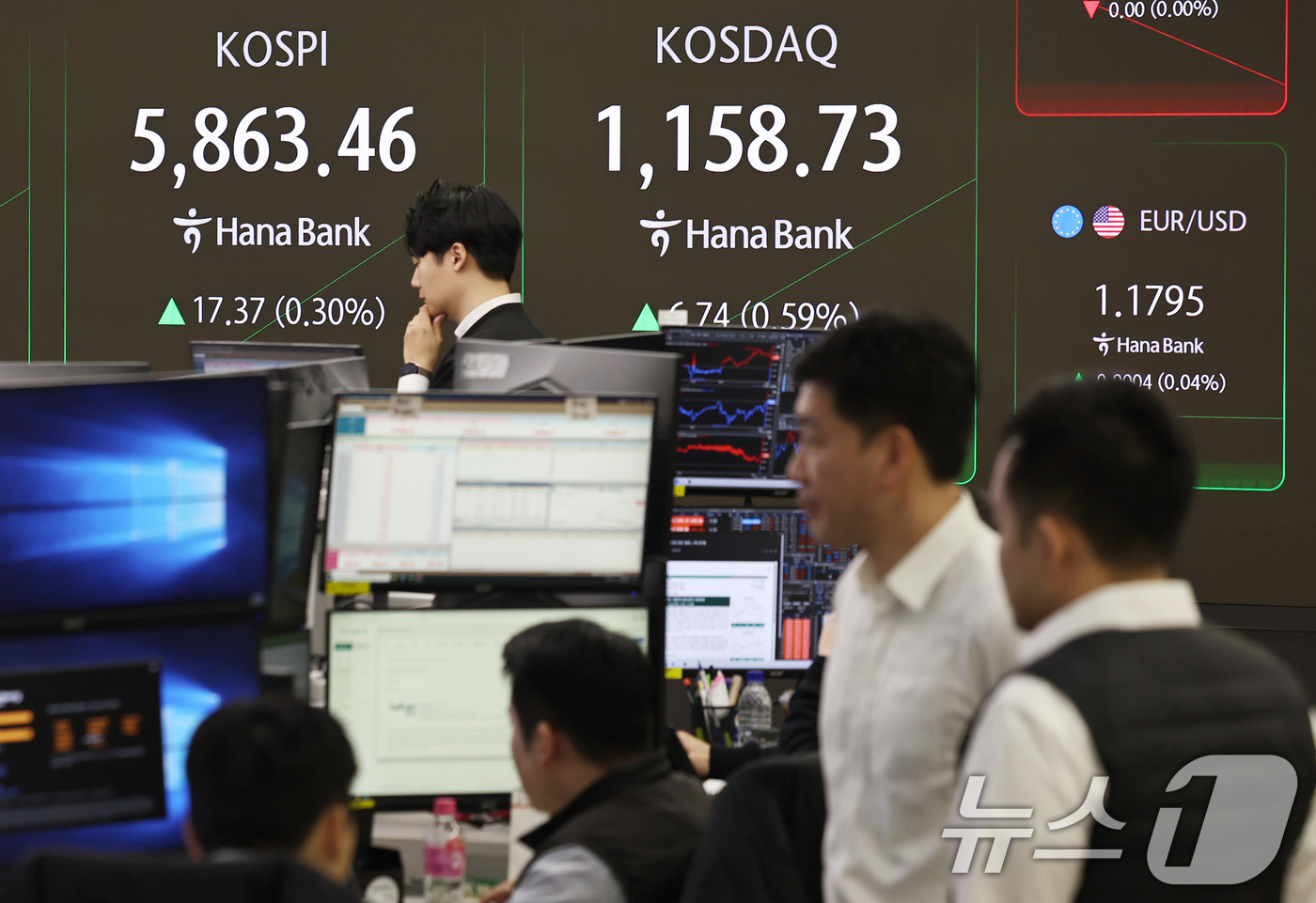 (서울=뉴스1) 구윤성 기자 = 코스피가 상승 출발한 24일 서울 중구 하나은행 본점 딜링룸 전광판에 증시 시황이 표시되고 있다. 2026.2.24/뉴스1