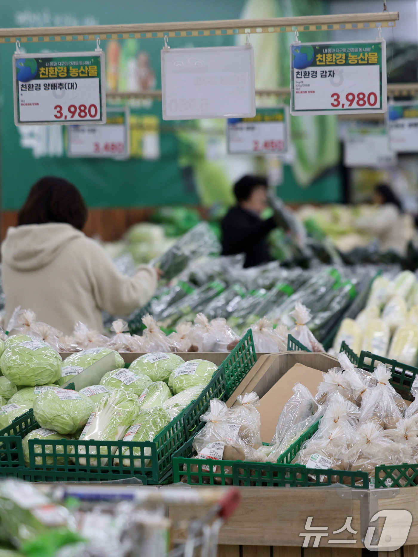 (서울=뉴스1) 황기선 기자 = 24일 서울 시내 한 대형마트 농축산물 코너에서 시민들이 장을 보고 있다.한국은행이 이날 발표한 '2026년 1월 생산자물가지수(잠정)'에 따르면 …