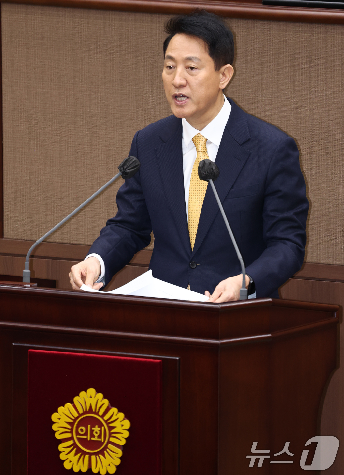 (서울=뉴스1) 최지환 기자 = 오세훈 서울시장이 24일 오후 서울 중구 서울시의회에서 열린 334회 임시회 개회식에서 인사말을 하고 있다. 2026.2.24/뉴스1