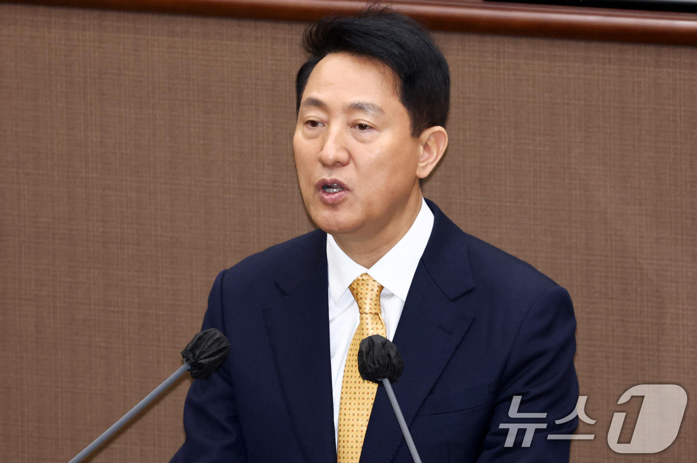 (서울=뉴스1) 최지환 기자 = 오세훈 서울시장이 24일 오후 서울 중구 서울시의회에서 열린 334회 임시회 개회식에서 인사말을 하고 있다. 2026.2.24/뉴스1