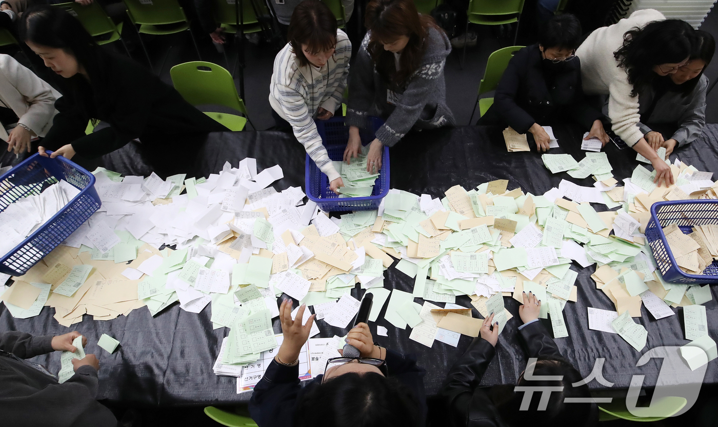 (부산=뉴스1) 윤일지 기자 = 24일 오후 부산 해운대구 벡스코 제2전시장에서 부산시선관위와 구·군선관위 직원들이 제9회 전국동시지방선거를 앞두고 모의 개표 실습을 하고 있다.이 …