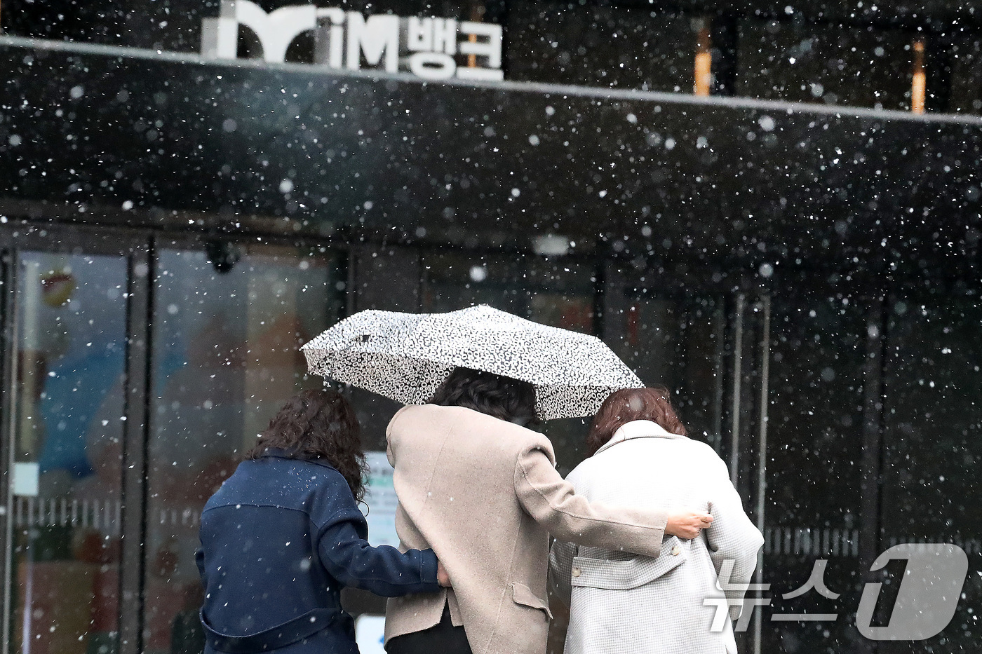 (대구=뉴스1) 공정식 기자 = 24일 오후 대구 수성구 대구은행네거리 인근에 갑작스레 많은 눈이 내리자, 세 사람이 우산 하나에 의지한 채 발걸음을 재촉하고 있다. 2026.2. …