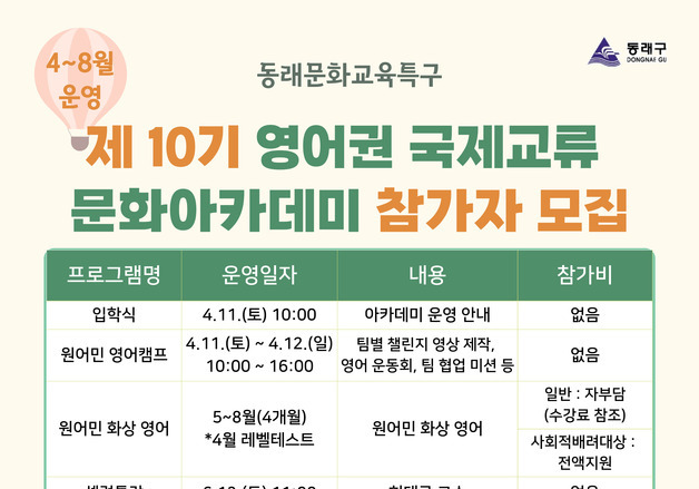 부산 동래구, '영어권 국제교류 문화 아카데미'…중학생 50명 모집