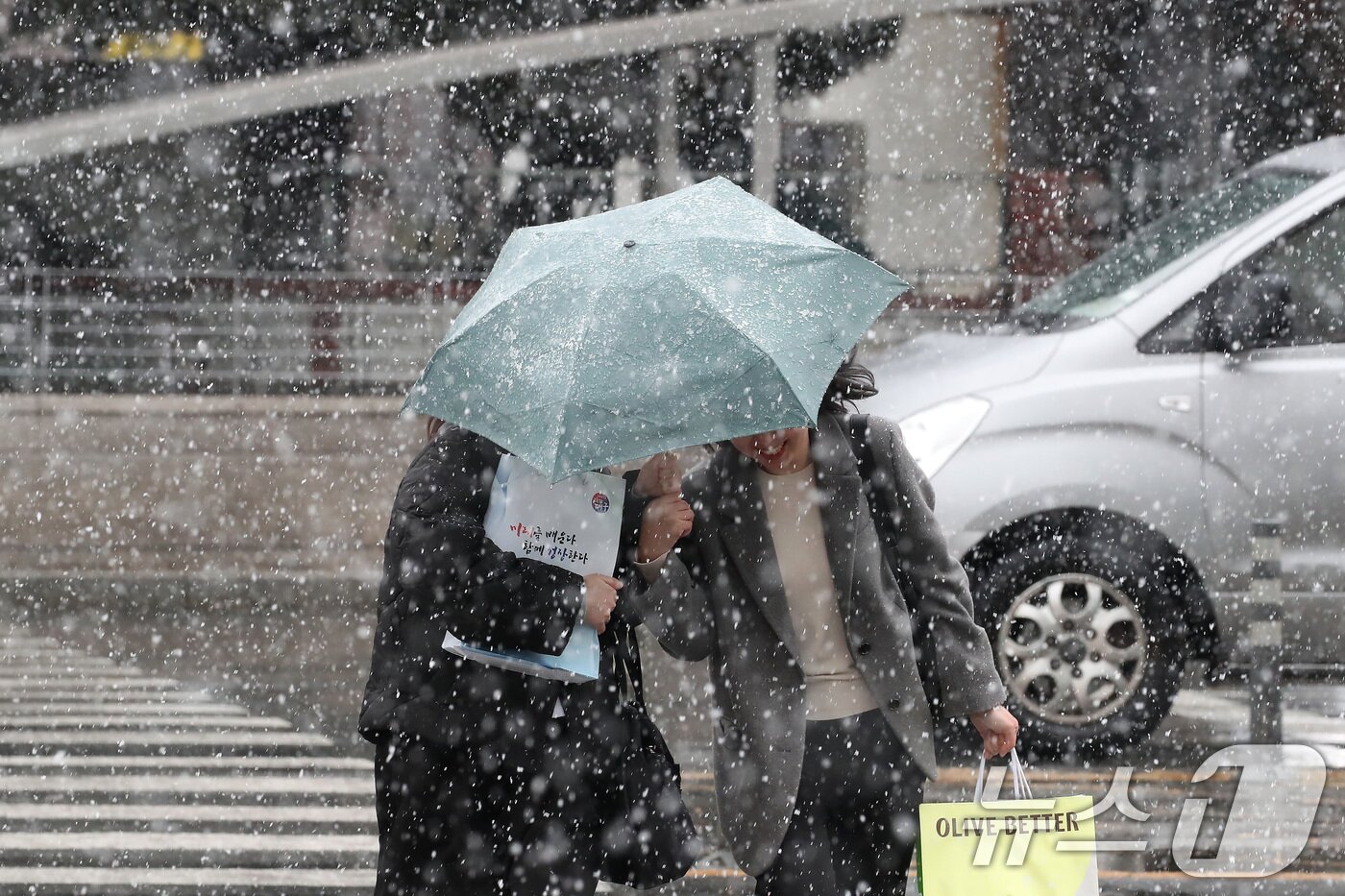 본문 이미지 - 24일 오후 대구 수성구 대구은행네거리 인근에 갑작스레 많은 눈이 내리자, 시민들이 우산을 펼쳐 눈을 피하며 발걸음을 재촉하고 있다. 2026.2.24 ⓒ 뉴스1 공정식 기자