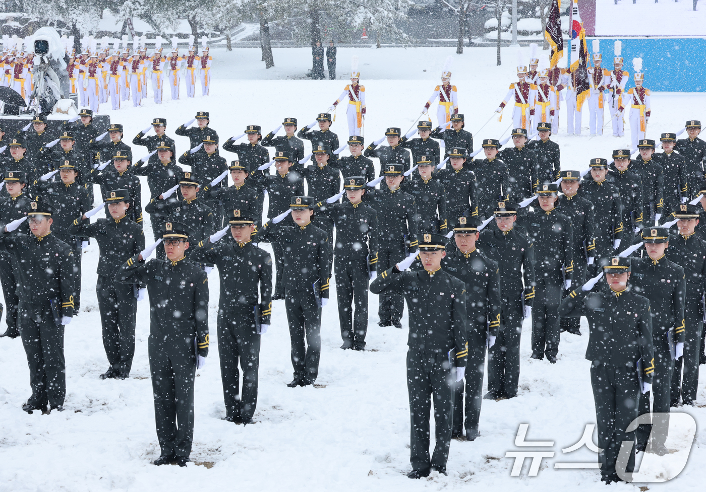 (대전=뉴스1) 김기태 기자 = 24일 대전 유성구 국군간호사관학교에서 열린 제70기 입학식에서 신입생도들이 거수경례를 하고 있다.이날 입학한 신입생도 90명은 군과 국가 발전에 …