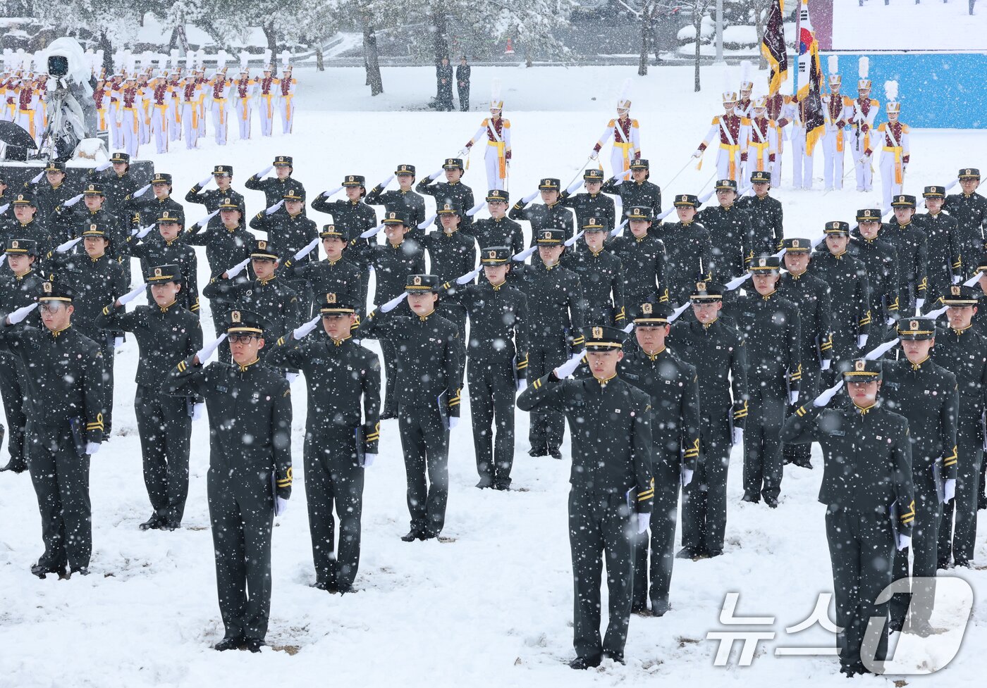 본문 이미지 - 24일 대전 유성구 국군간호사관학교에서 열린 제70기 입학식에서 신입생도들이 거수경례를 하고 있다. 이날 입학한 신입생도 90명은 군과 국가 발전에 기여하는 정예 간호장교로 거듭날 것을 다짐했다. 2026.2.24 ⓒ 뉴스1 김기태 기자