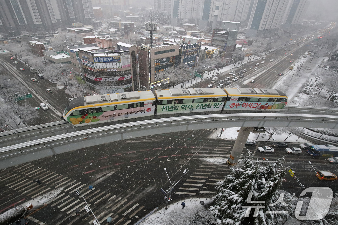 (대구=뉴스1) 공정식 기자 = 24일 오후 대구 도심에 함박눈이 내리는 가운데 '하늘열차'로 불리는 대구도시철도 3호선(모노레일) 열차가 수성구 범물동 인근을 지나고 있다. 20 …