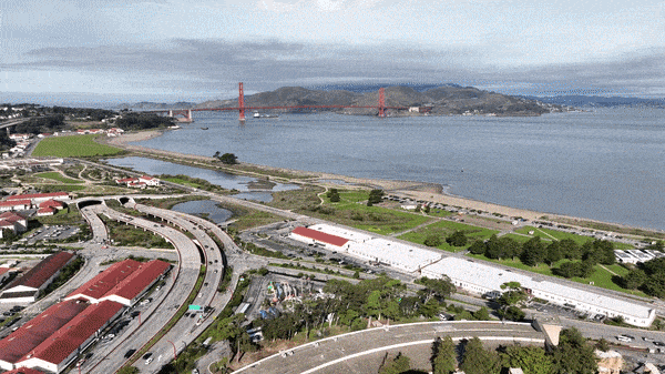 본문 이미지 - 갤럭시 언팩 2026 하루 전인 24일(현지시간) 미국 샌프란시스코 팰리스 오브 파인 아트 행사장 드론 촬영 모습. (삼성전자 제공)