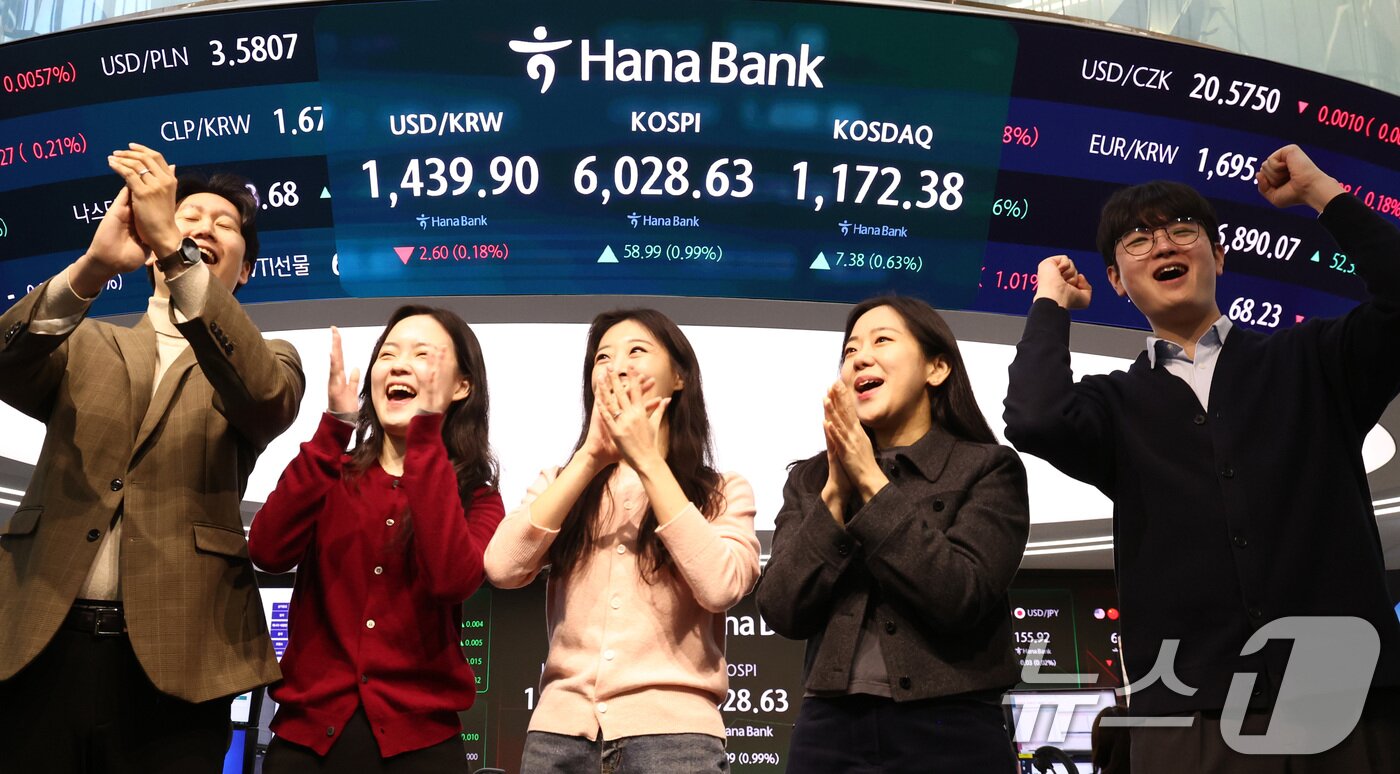 본문 이미지 - 코스피 지수가 장 시작과 함께 6000포인트를 돌파한 25일 오전 서울 중구 하나은행 본점 딜링룸 전광판에 증시 시황이 표시되어 있다. 2026.2.25 ⓒ 뉴스1 최지환 기자