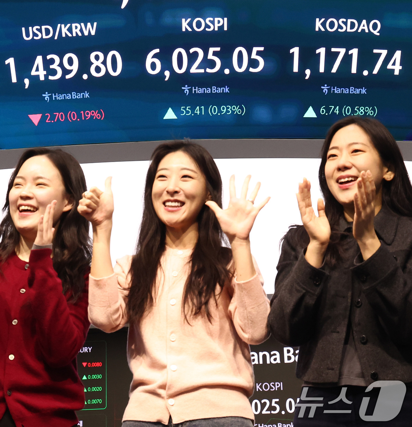 (서울=뉴스1) 최지환 기자 = 코스피 지수가 장 시작과 함께 6000포인트를 돌파한 25일 오전 서울 중구 하나은행 본점 딜링룸 전광판에 증시 시황이 표시되어 있다. 2026.2 …