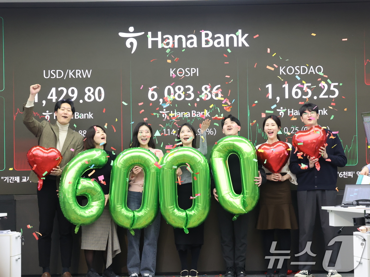 (서울=뉴스1) 황기선 기자 = 코스피가 종가 기준 사상 처음 6000선을 돌파한 25일 오후 서울 중구 하나은행 본점 딜링룸에서 직원들이 축하 세리머니를 하고 있다. 이날 코스피 …