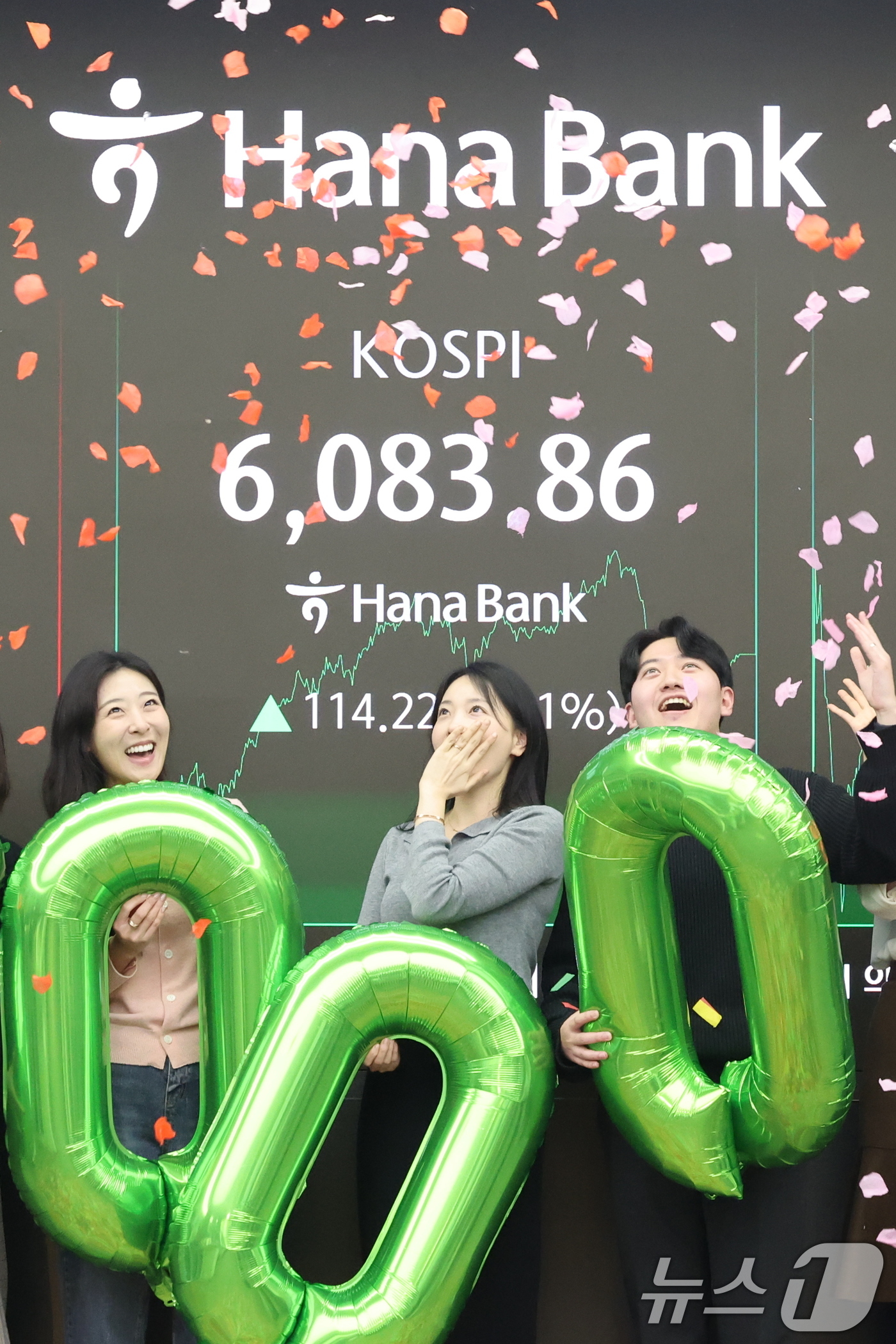 (������=������1) 황기선 기자 = 코스피가 종가 기준 사상 처음 6000선을 돌파한 25일 오후 서울 중구 하나은행 본점 딜링룸에서 직원들이 축하 세리머니를 하고 있다 …