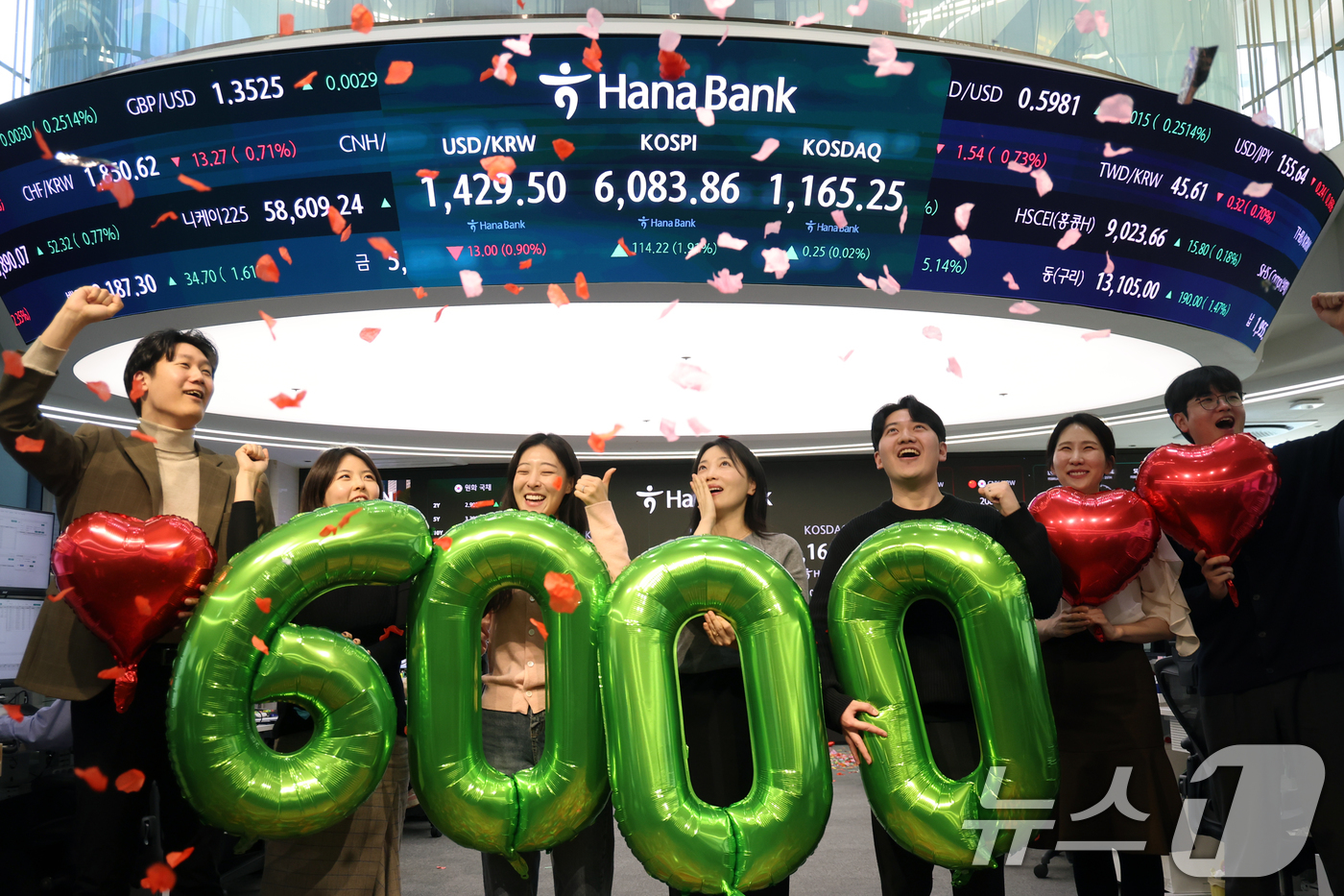 (서울=뉴스1) 황기선 기자 = 코스피가 종가 기준 사상 처음 6000선을 돌파한 25일 오후 서울 중구 하나은행 본점 딜링룸에서 직원들이 축하 세리머니를 하고 있다.이날 코스피지 …