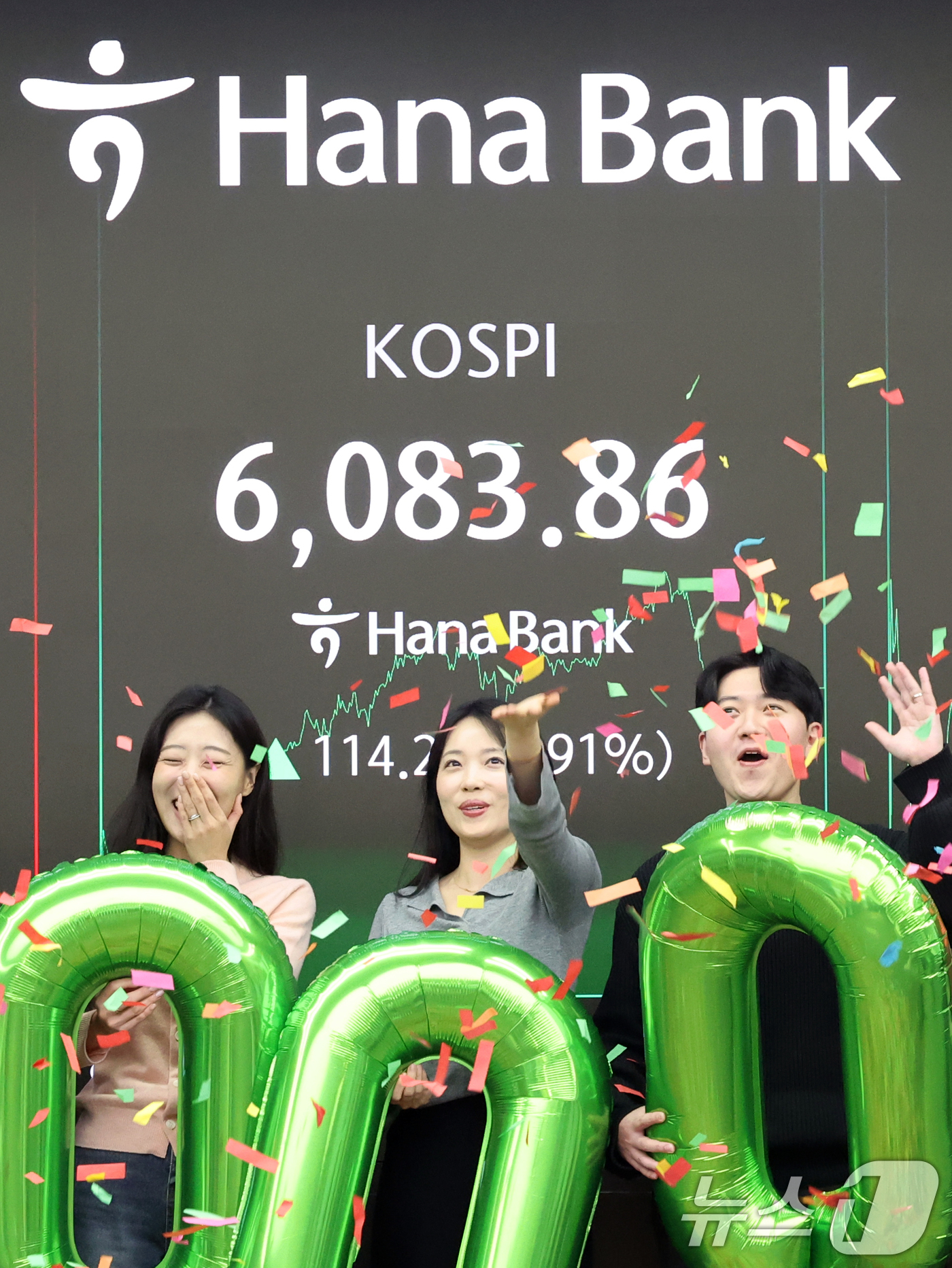 (서울=뉴스1) 황기선 기자 = 코스피가 종가 기준 사상 처음 6000선을 돌파한 25일 오후 서울 중구 하나은행 본점 딜링룸에서 직원들이 축하 세리머니를 하고 있다.이날 코스피지 …