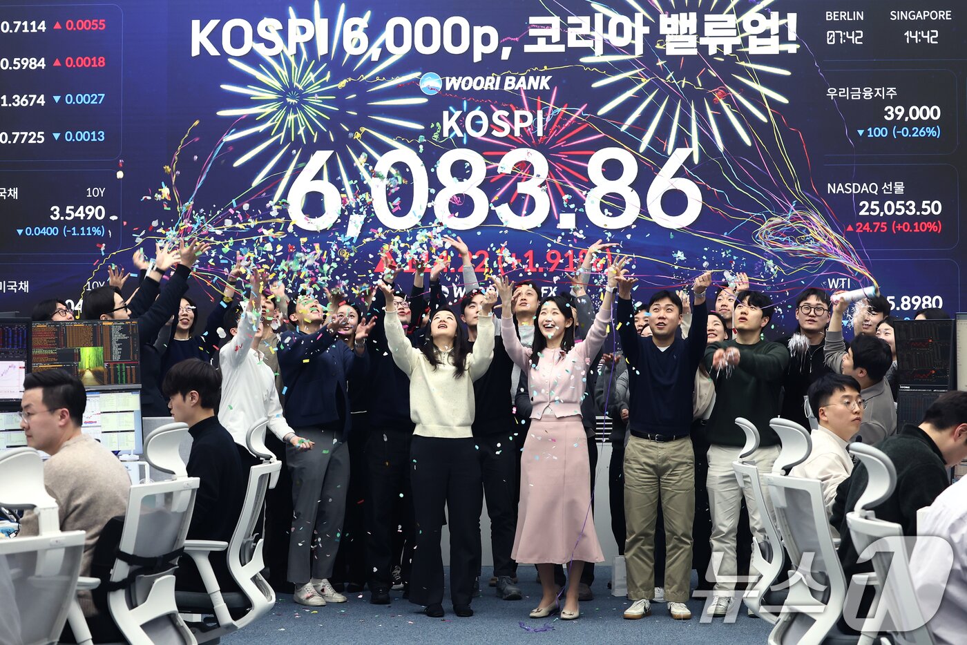 본문 이미지 - 코스피가 6000선을 넘어선 25일 서울 중구 우리은행 본점 딜링룸에서 직원들이 6000선 돌파를 기념하는 세리모니를 하고 있다. 2026.2.25 ⓒ 뉴스1 김민지 기자