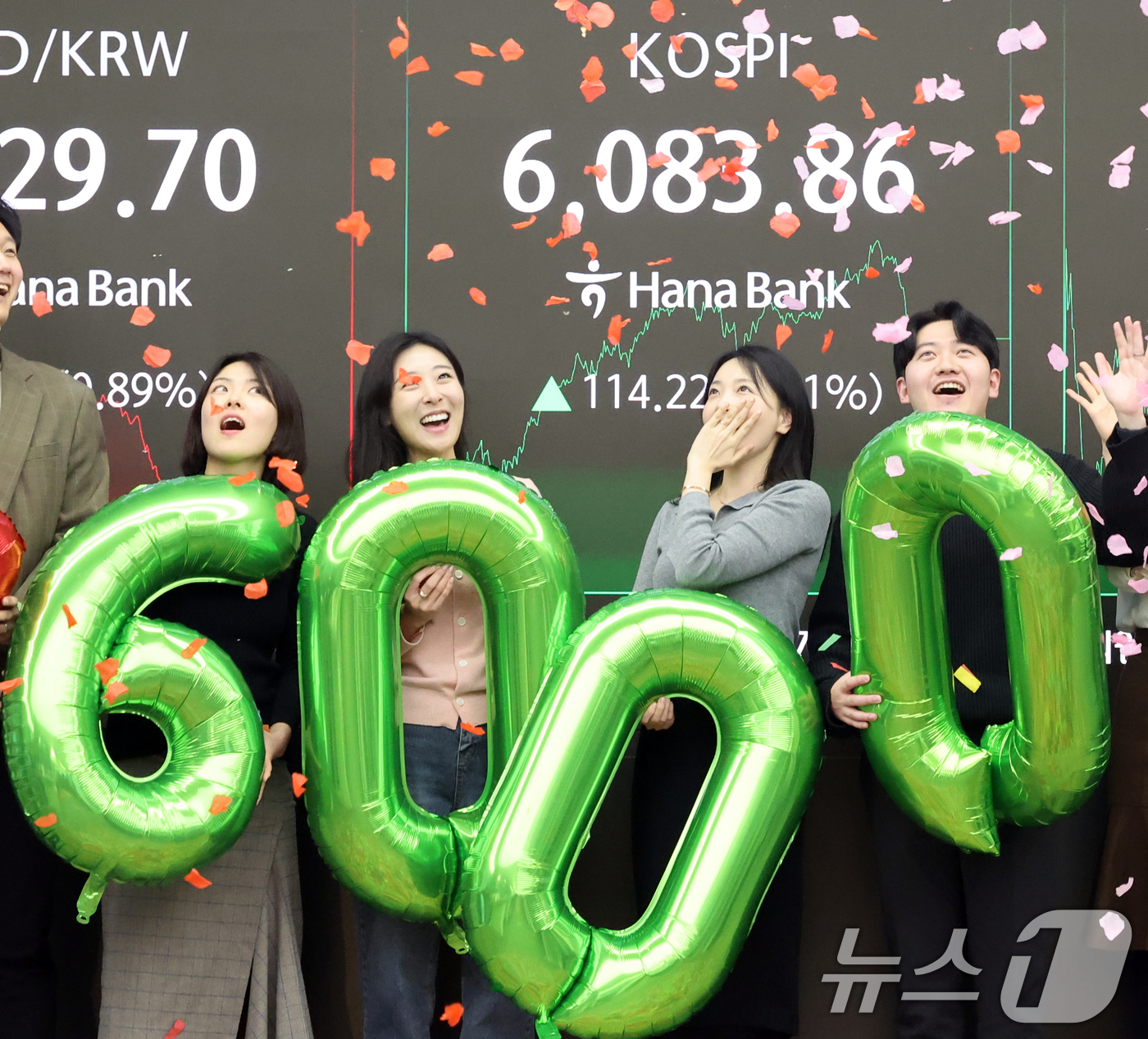 (서울=뉴스1) 황기선 기자 = 코스피가 종가 기준 사상 처음 6000선을 돌파한 25일 오후 서울 중구 하나은행 본점 딜링룸에서 직원들이 축하 세리머니를 하고 있다.이날 코스피지 …