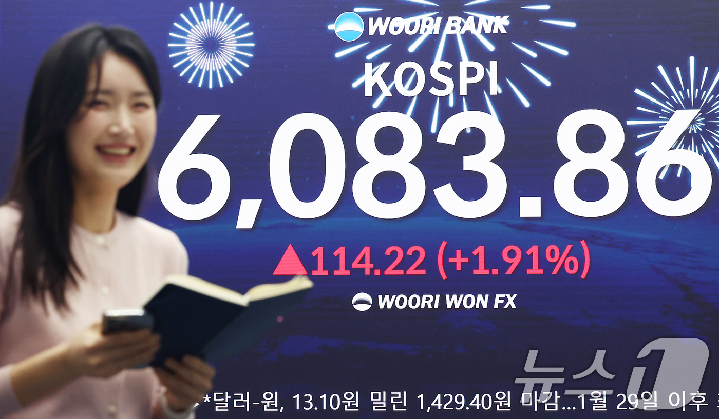 (서울=뉴스1) 김민지 기자 = 코스피가 전장보다 114.22포인트(1.91%) 오른 6083.86에 거래를 마감한 25일 서울 중구 우리은행 본점 딜링룸에 코스피 지수가 나오고 …