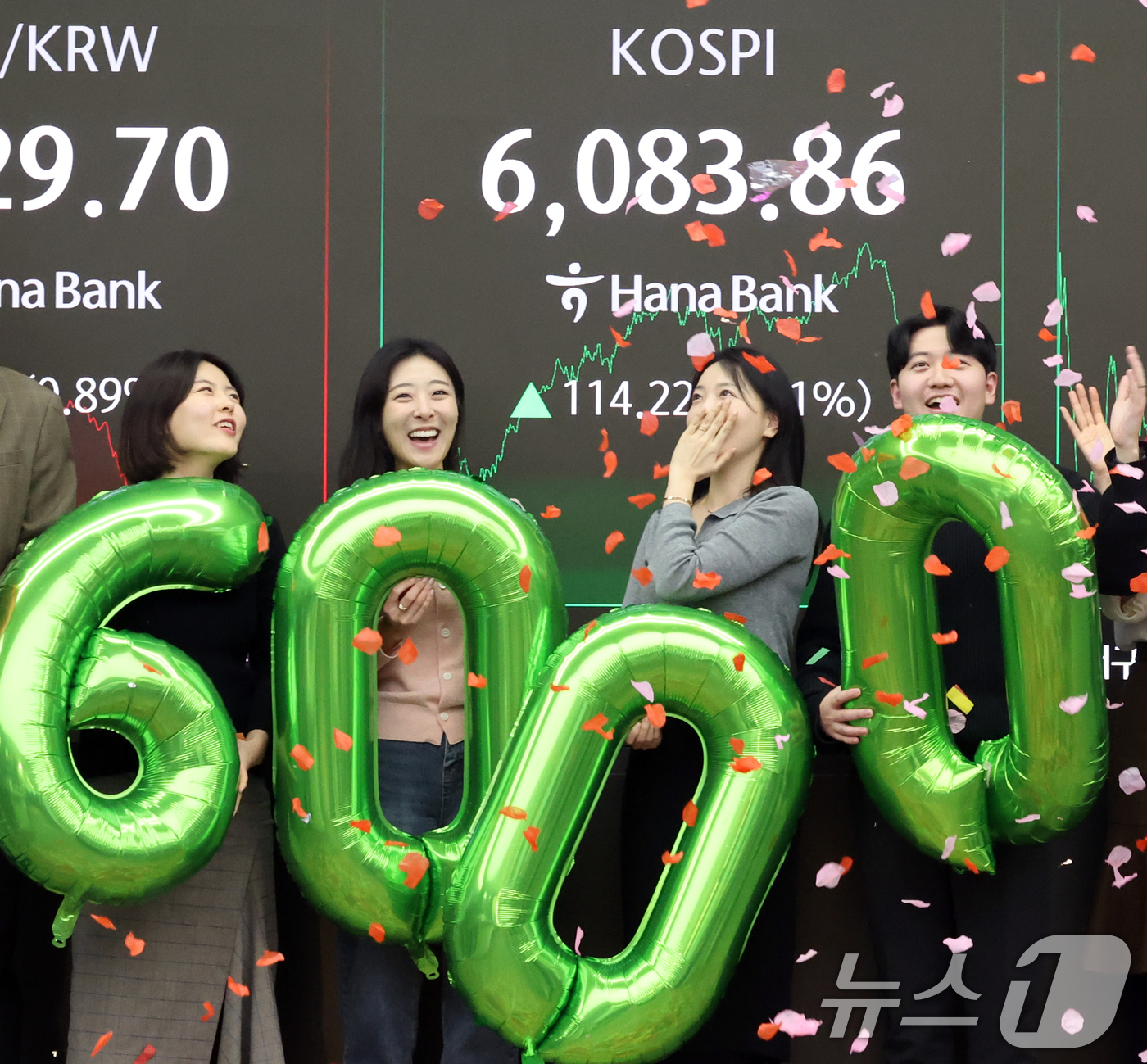 (서울=뉴스1) 황기선 기자 = 코스피가 종가 기준 사상 처음 6000선을 돌파한 25일 오후 서울 중구 하나은행 본점 딜링룸에서 직원들이 축하 세리머니를 하고 있다.이날 코스피지 …