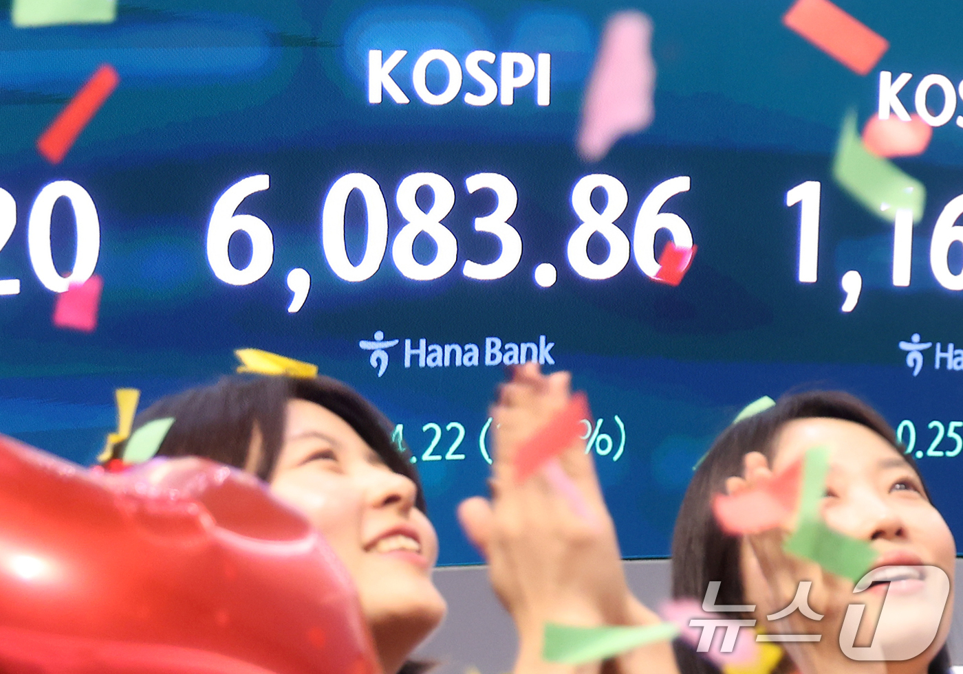 (서울=뉴스1) 황기선 기자 = 코스피가 종가 기준 사상 처음 6000선을 돌파한 25일 오후 서울 중구 하나은행 본점 딜링룸에서 직원들이 축하 세리머니를 하고 있다.이날 코스피지 …