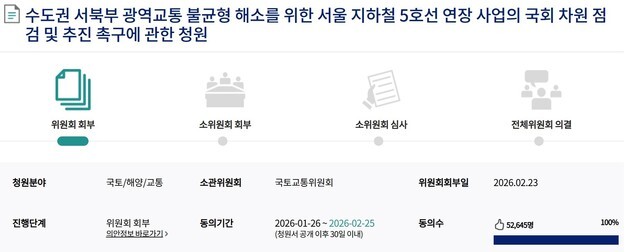 "수도권 서북부 교통 불균형 해소"…5호선 예타 발표 청원 목표 돌파