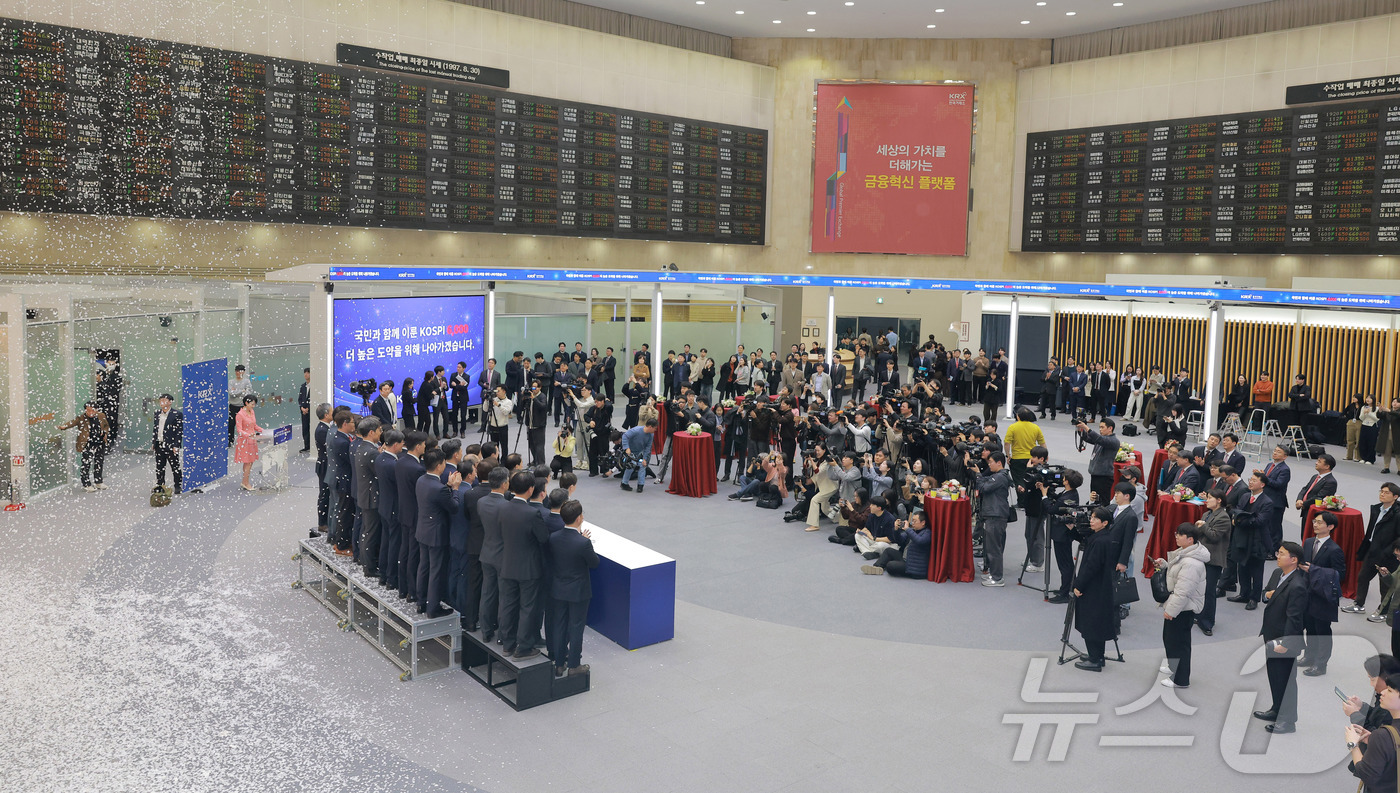 (서울=뉴스1) 최지환 기자 = 한국 증시 최초로 종가 기준 코스피 6000을 달성한 25일 오후 서울 영등포구 한국거래소에서 취재진들이 코스피 종가가 표시된 전광판을 촬영하고 있 …