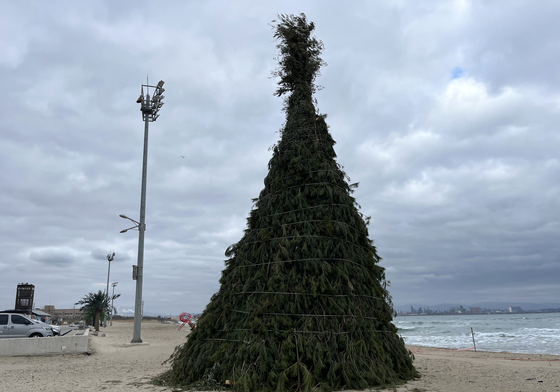 동해 앞 바다에 설치된 정월대보름 달집