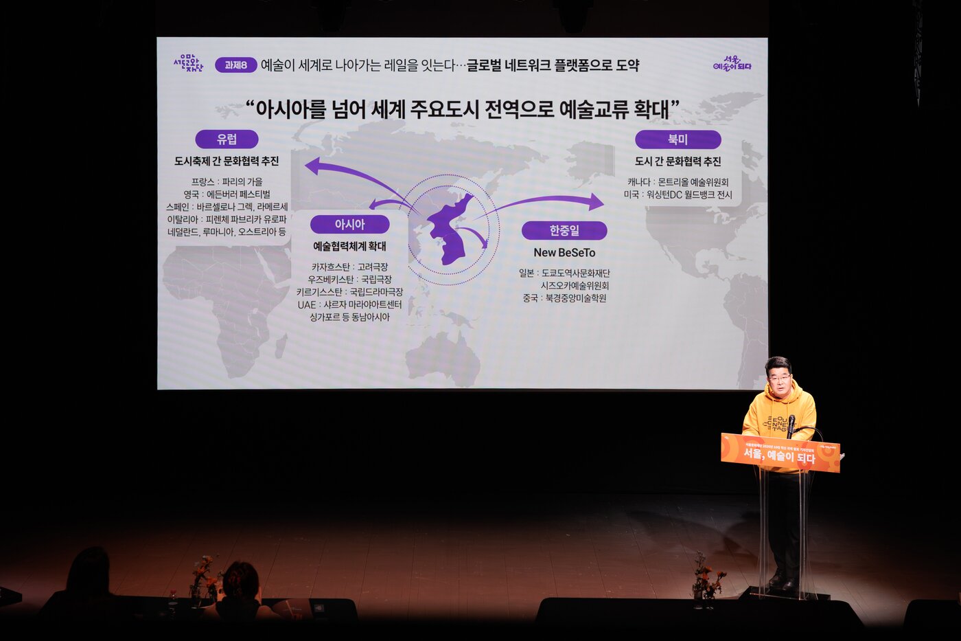 본문 이미지 - 2026년 10대 혁신과제 발표를 위해 송형종 대표이사가 주요 내용을 설명하고 있다.(서울문화재단 제공)