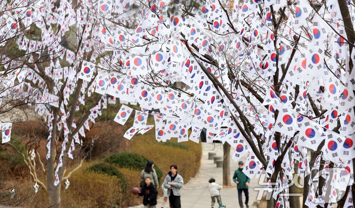 (서울=뉴스1) 김명섭 기자 = 26일 서울 용산구 효창공원 앞 가로수에 3.1절을 앞두고 태극기가 꾸며져 있어 눈길을 끌고 있다. 효창공원에는 김구, 윤봉길, 이봉창 등 독립유공 …