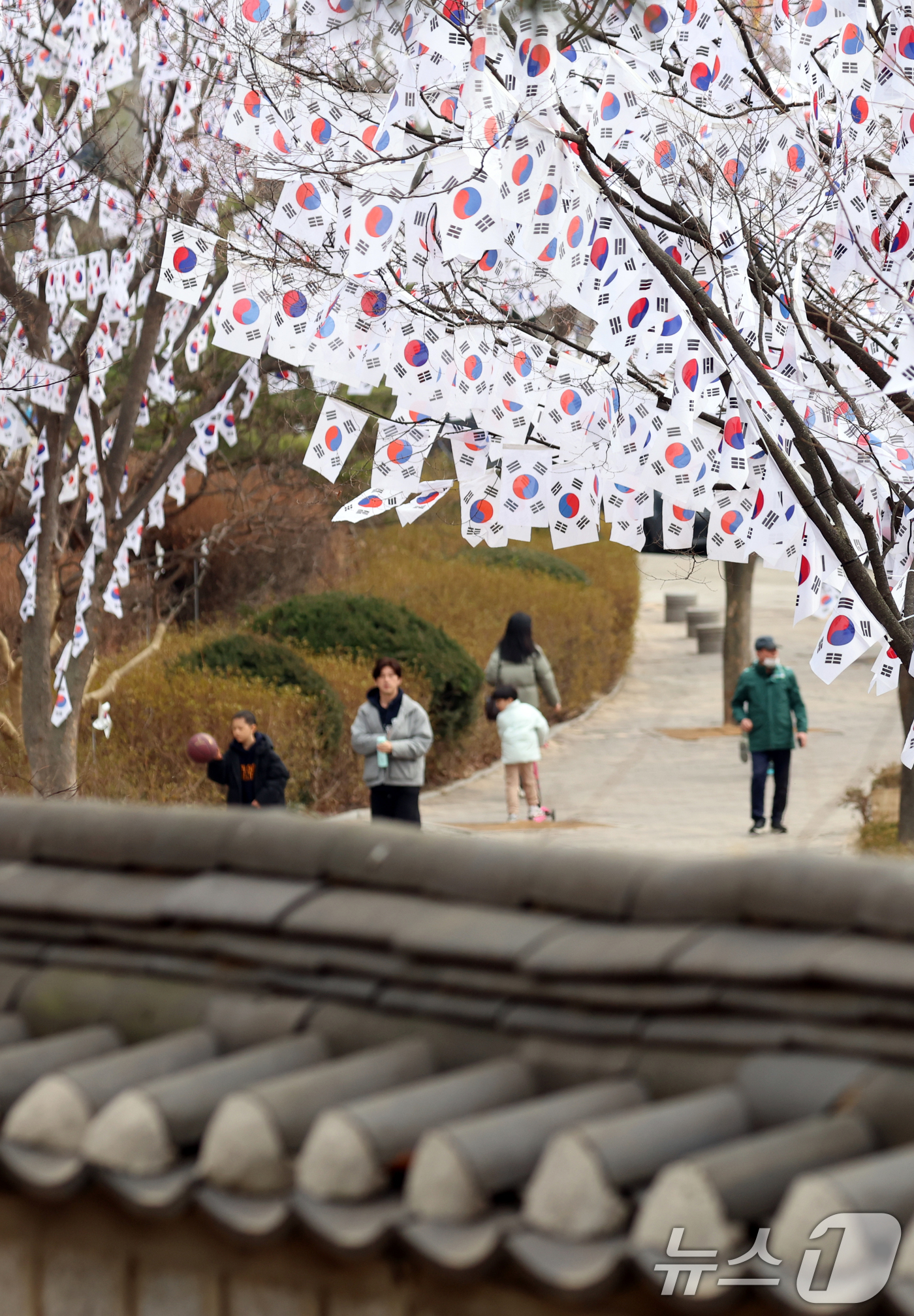 (서울=뉴스1) 김명섭 기자 = 26일 서울 용산구 효창공원 앞 가로수에 3.1절을 앞두고 태극기가 꾸며져 있어 눈길을 끌고 있다. 효창공원에는 김구, 윤봉길, 이봉창 등 독립유공 …